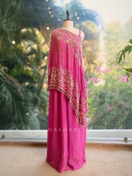 Azure Bloom Cape Magenta Top Sharara Set with Cut dana Work