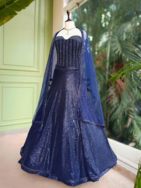 Midnight Aurora Blue Sequin Indo-Western Lehenga