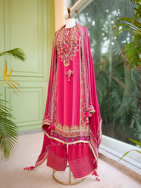 Aarohi Red Cotton Suit Set with Embroidery and Print