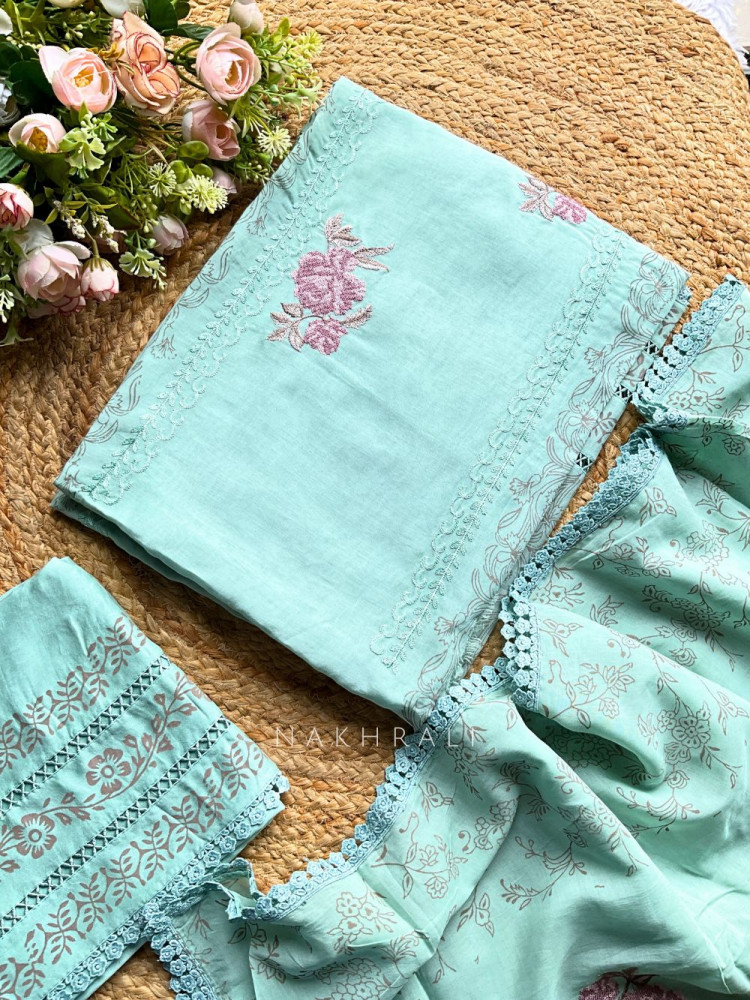 Image of Kavya Firozi Dress Material Set with Floral Embroidery