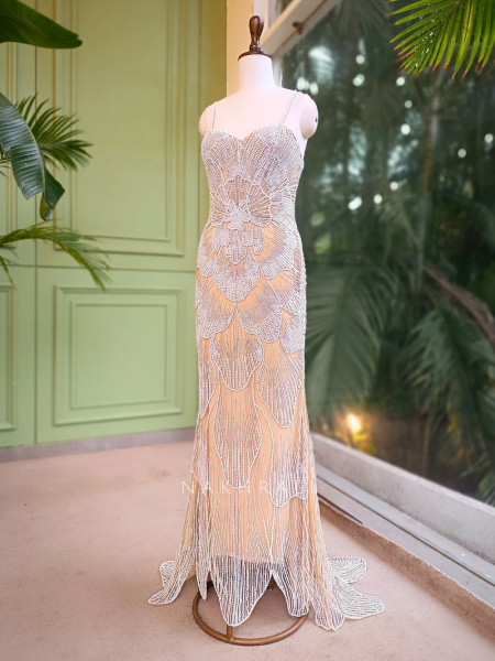 Yvonne Beige Embellished Evening Gown with Pearl Work