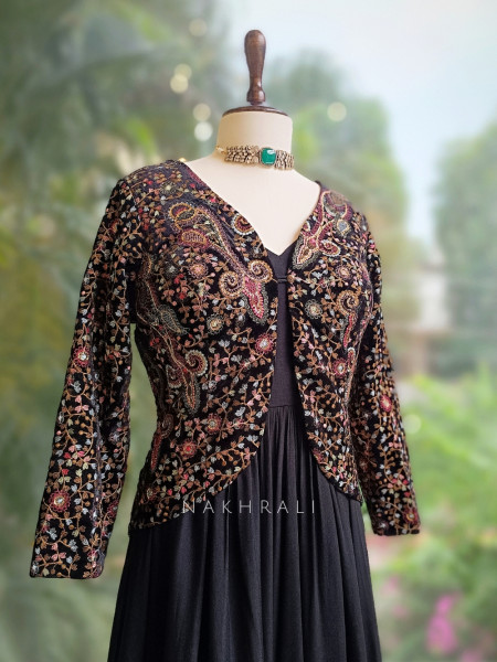 Velvette Grace Black Dress with Thread Embroidered Jacket
