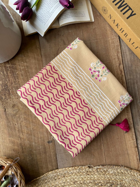 Chutrit Beige Cotton Saree with Block Print