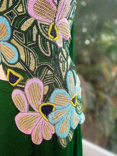 Yevira Green Bead Embellished Crop Top Palazzo Set with Dupatta