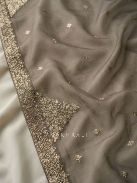 Virelle Brown Embroidered Dress Material with Sheer Dupatta