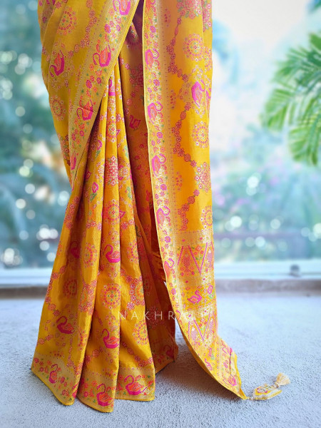 Solvara Yellow Bandhani Saree with Traditional Border