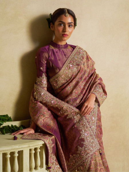 Eshanya Purple Tissue Dola Silk Saree with Heavy Zardozi Border