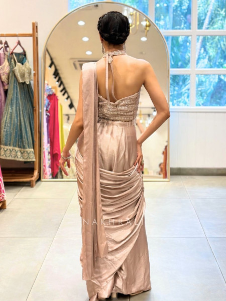 Shreena Pink Drape Saree with Sequin Beads Halter Blouse