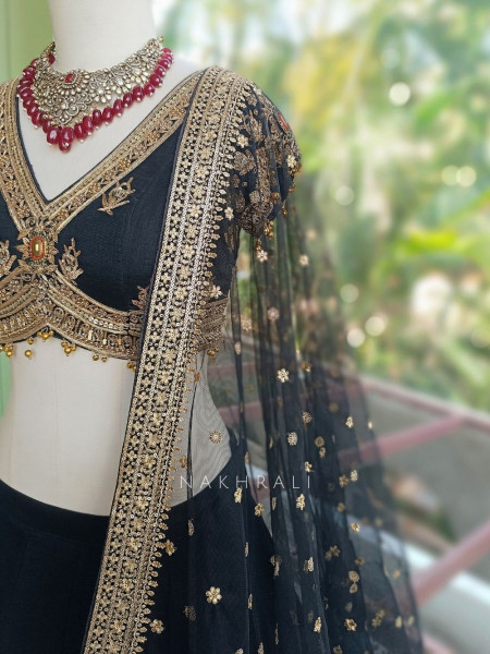 Surmayi Black Lehenga with Coconut Tree Motif Embroidery