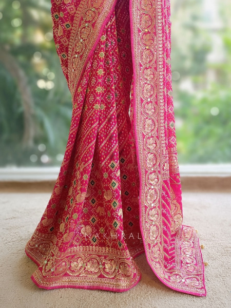 Zariyah Magenta Bandhani Saree with Zari Weave