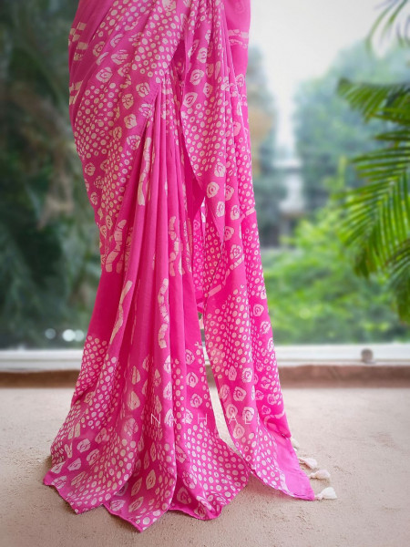 Varnika Pink Handloom Batik Saree with Tassels