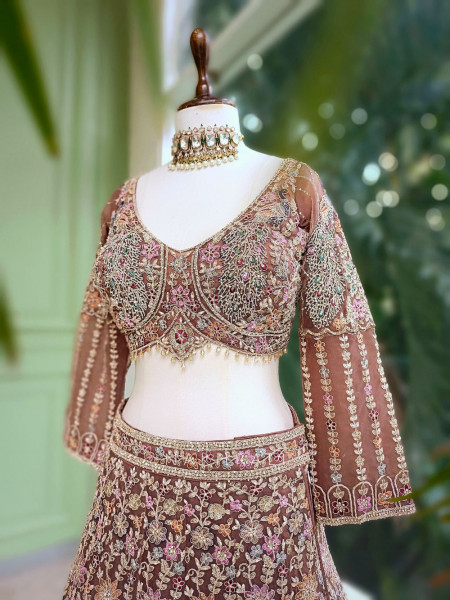 Anvika Brown Embroidered Lehenga with Zari & Zardozi
