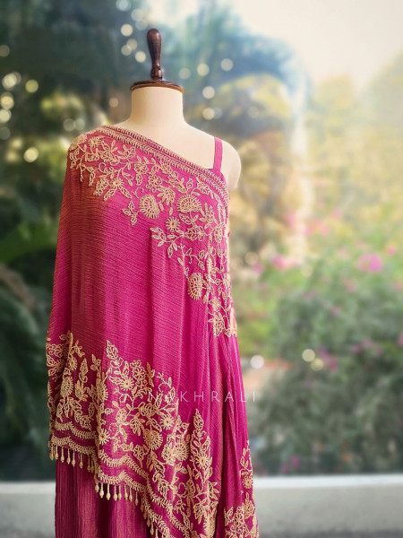 Azure Bloom Cape Magenta Top Sharara Set with Cut dana Work