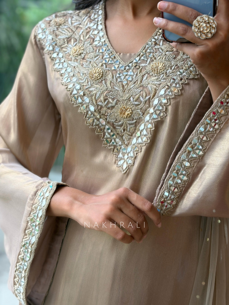 Image of Mehraz Brown Silk Kurta Skirt Set