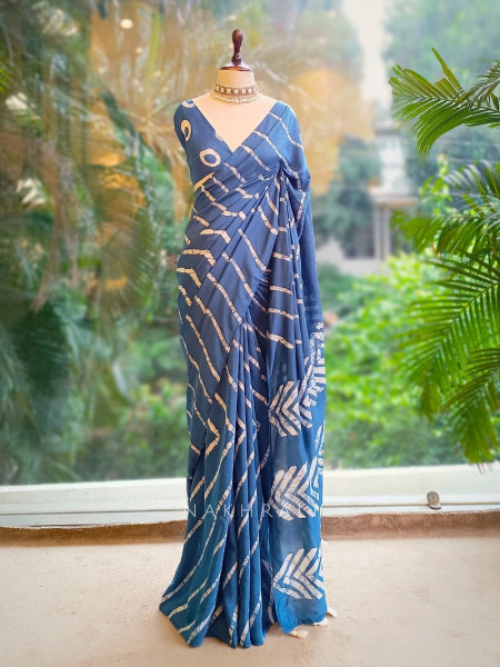 Aarini Blue Handloom Saree with Contemporary Block Print