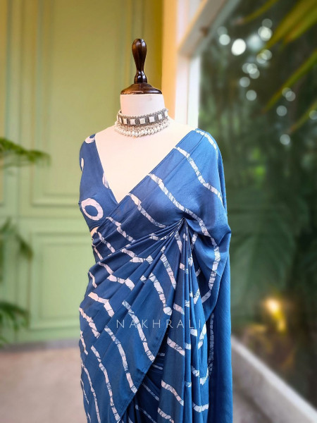 Aarini Blue Handloom Saree with Contemporary Block Print