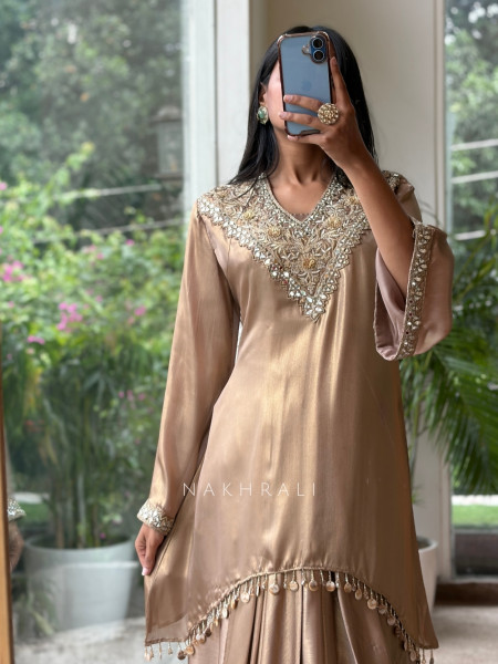 Mehraz Brown Silk Kurta Skirt Set