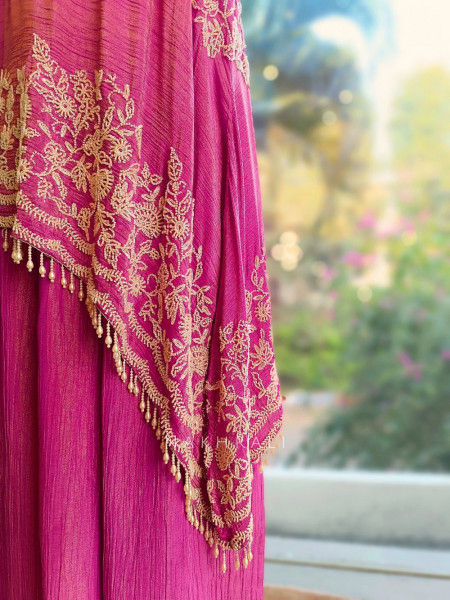 Azure Bloom Cape Magenta Top Sharara Set with Cut dana Work