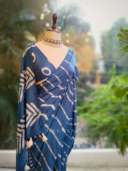 Aarini Blue Handloom Saree with Contemporary Block Print