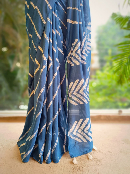 Aarini Blue Handloom Saree with Contemporary Block Print