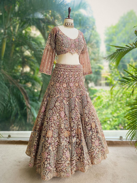 Anvika Brown Embroidered Lehenga with Zari & Zardozi