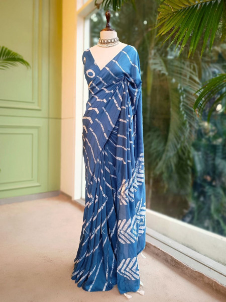 Aarini Blue Handloom Saree with Contemporary Block Print