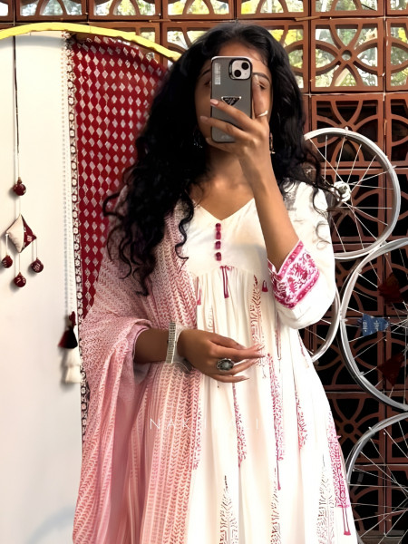 Ivory White-Off Cotton Kurta Pant Set with Printed Detailing