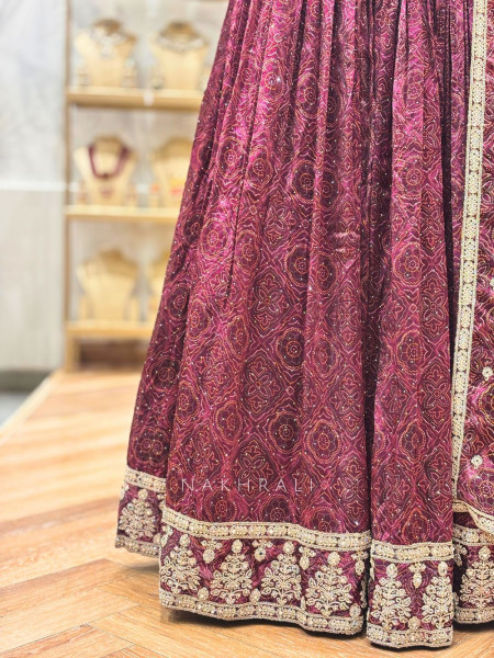 Indrani Wine Lehenga Set with Bandhej Print and Mirror Embroidery