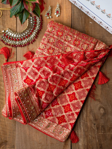 Navya Red Khaddi Georgette Bandhani Saree with Sequin & Cut Dana Work