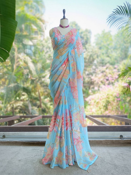 Dahlia Sky Blue Organza Saree with Sequin and Cut Dana Work