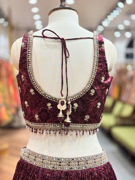 Indrani Wine Lehenga Set with Bandhej Print and Mirror Embroidery