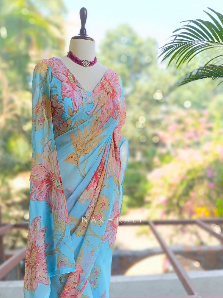 Image of Dahlia Sky Blue Organza Saree with Sequin and Cut Dana Work