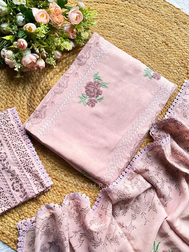Image of Kavya Pink Dress Material Set with Floral Embroidery