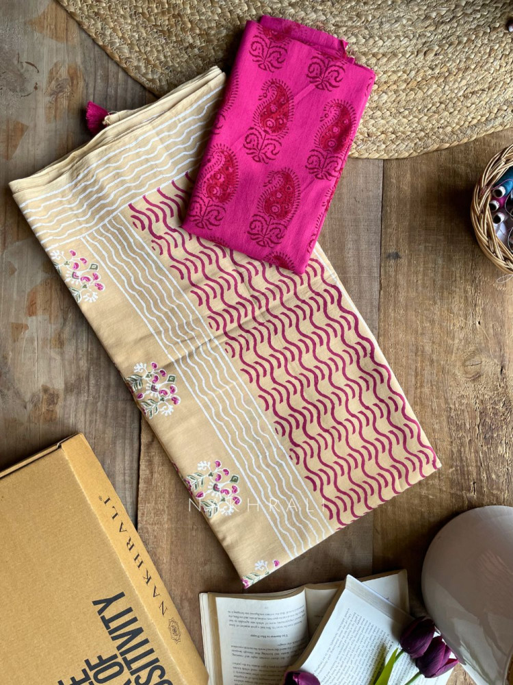 Image of Chutrit Beige Cotton Saree with Block Print