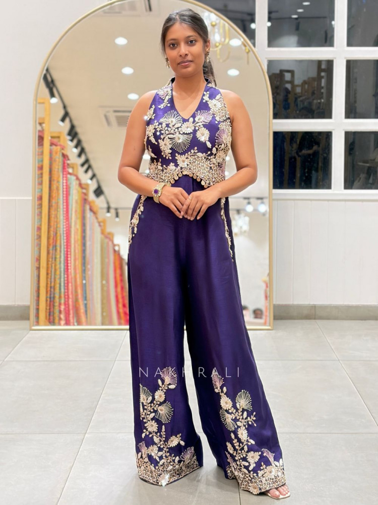 Image of Aurelle Purple Embroidered Indo-Western Jumpsuit