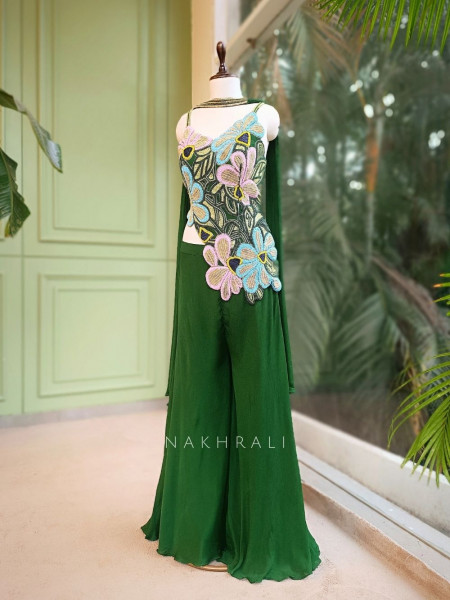 Yevira Green Bead Embellished Crop Top Palazzo Set with Dupatta