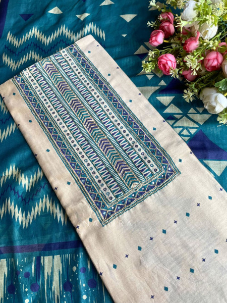 Lunara Beige Printed Dress Material with Panel Design