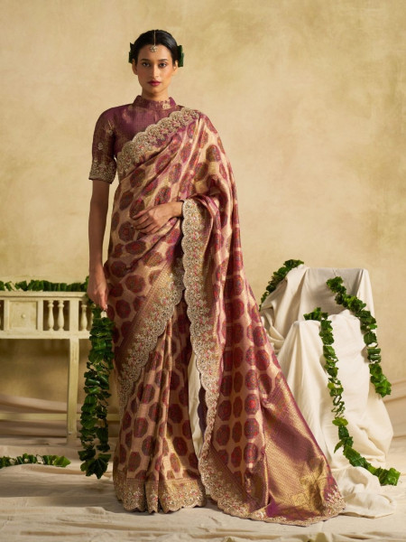 Amira Wine Tissue Dola Silk Saree with Heavy Zari Border