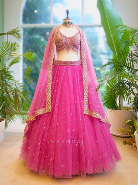 Lustre Enchant Pink Net Lehenga with Heavy Embroidered Blouse