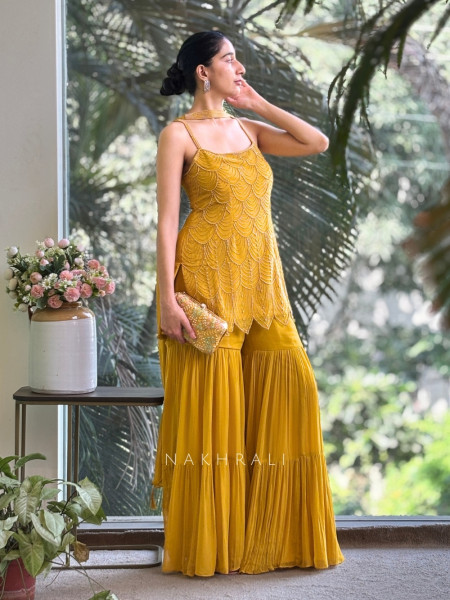 Royal Aura Yellow Gharara Set with Pearl and Cutdana Work