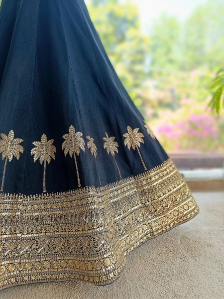 Surmayi Black Lehenga with Coconut Tree Motif Embroidery