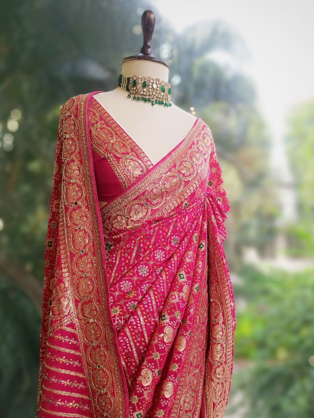 Zariyah Magenta Bandhani Saree with Zari Weave
