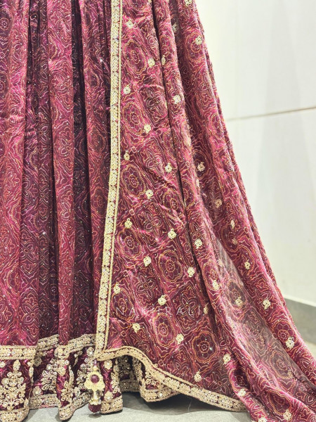 Indrani Wine Lehenga Set with Bandhej Print and Mirror Embroidery