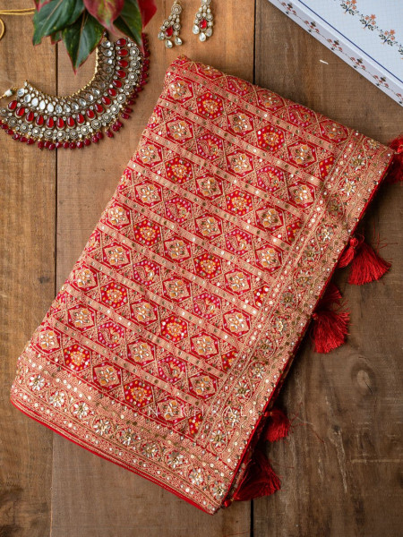 Navya Red Khaddi Georgette Bandhani Saree with Sequin & Cut Dana Work