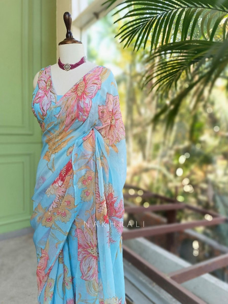 Dahlia Sky Blue Organza Saree with Sequin and Cut Dana Work