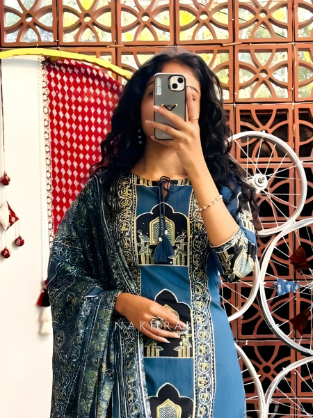 Aarika Blue Cotton Pant Kurta Set with Heritage Print