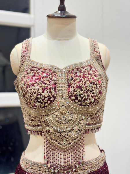 Indrani Wine Lehenga Set with Bandhej Print and Mirror Embroidery