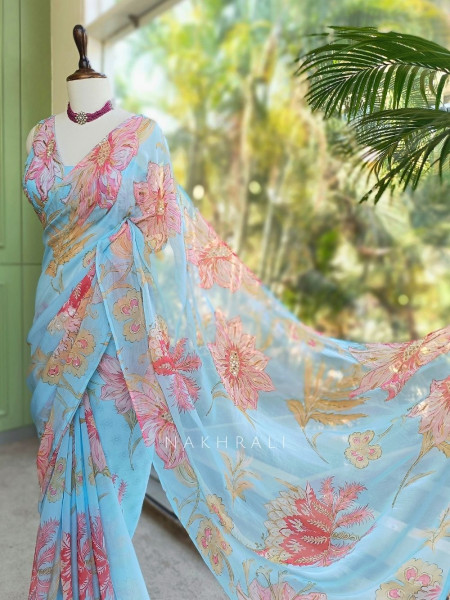 Dahlia Sky Blue Organza Saree with Sequin and Cut Dana Work