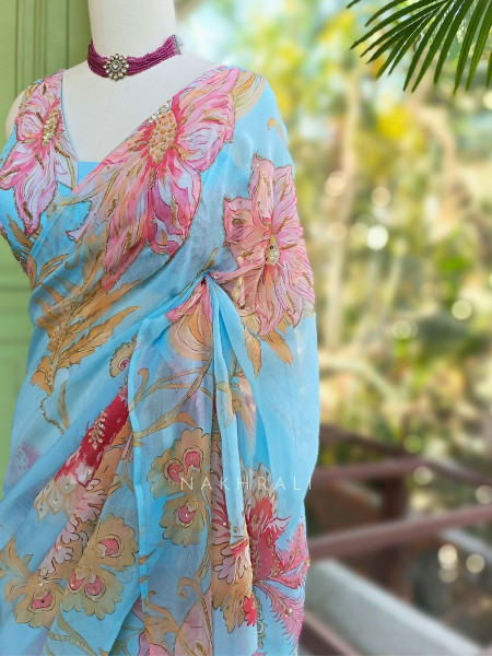 Dahlia Sky Blue Organza Saree with Sequin and Cut Dana Work