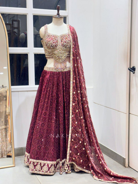 Indrani Wine Lehenga Set with Bandhej Print and Mirror Embroidery